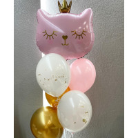 Композиция с розовой кошкой и 5 воздушными шарами